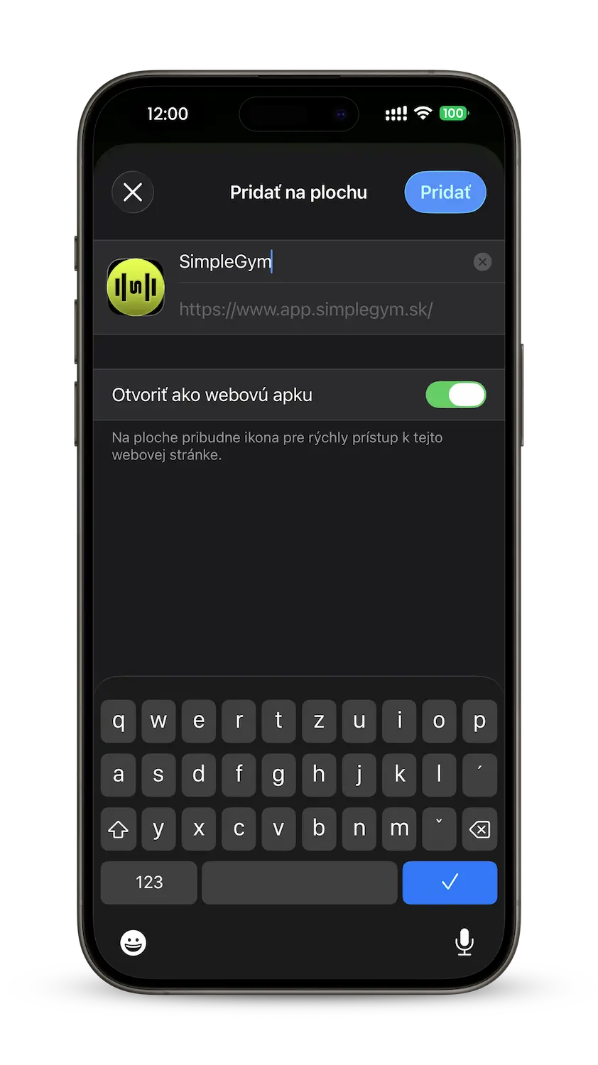 Potvrdenie pridania webovej aplikácie SimpleGym na plochu iPhonu