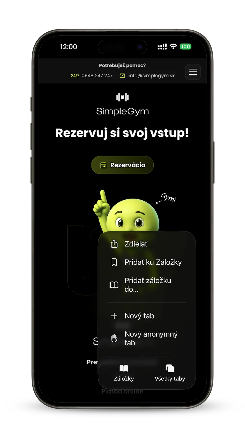 Menu Safari s možnosťou zdieľania stránky SimpleGym