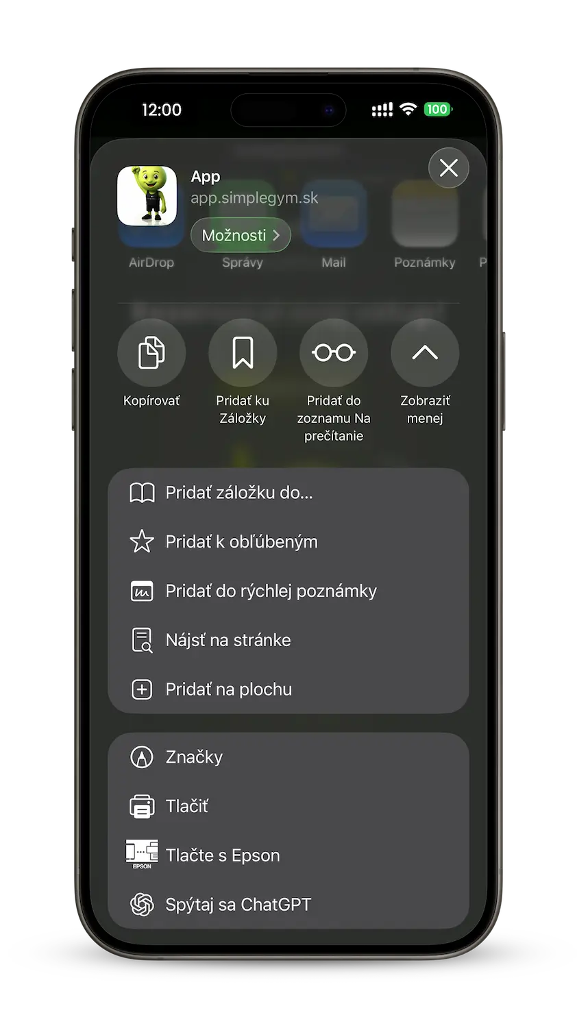 Ponuka Safari s voľbou Pridať na plochu