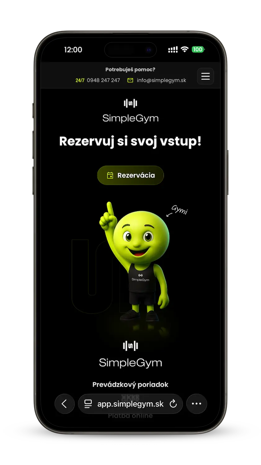 Úvodná stránka aplikácie SimpleGym otvorená v Safari
