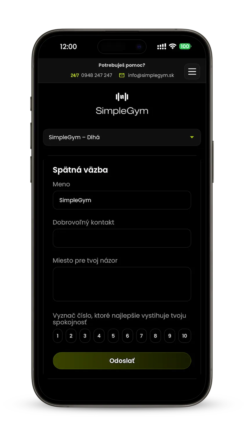 Formulár spätnej väzby v aplikácii SimpleGym