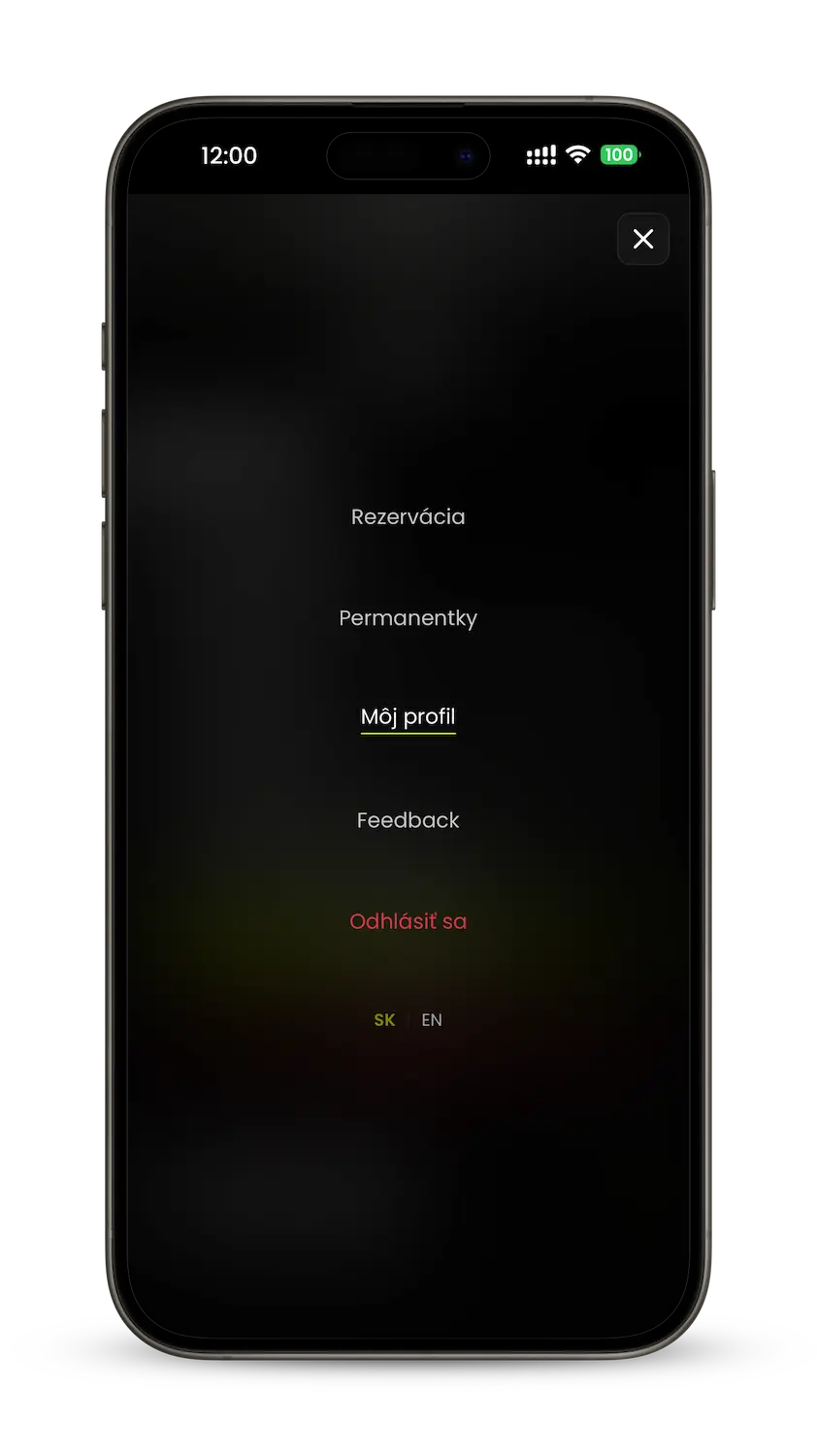 Menu aplikácie SimpleGym s položkou Môj profil