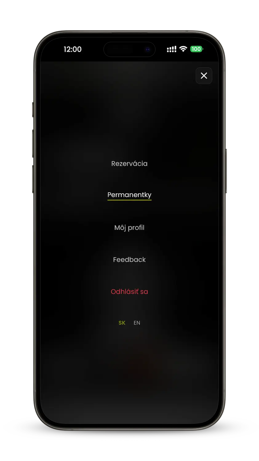 Menu aplikácie SimpleGym so zvýraznenou položkou Permanentky