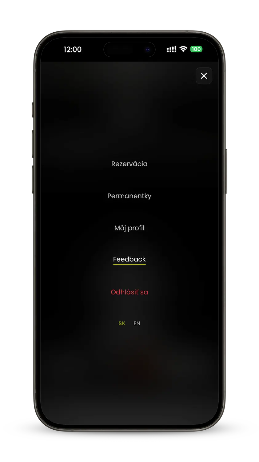 Menu aplikácie SimpleGym s položkou Feedback