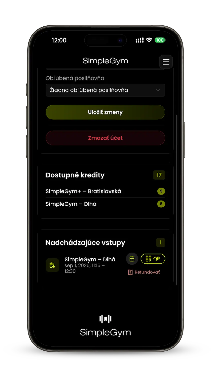 Nadchádzajúci vstup v profile SimpleGym s tlačidlom QR