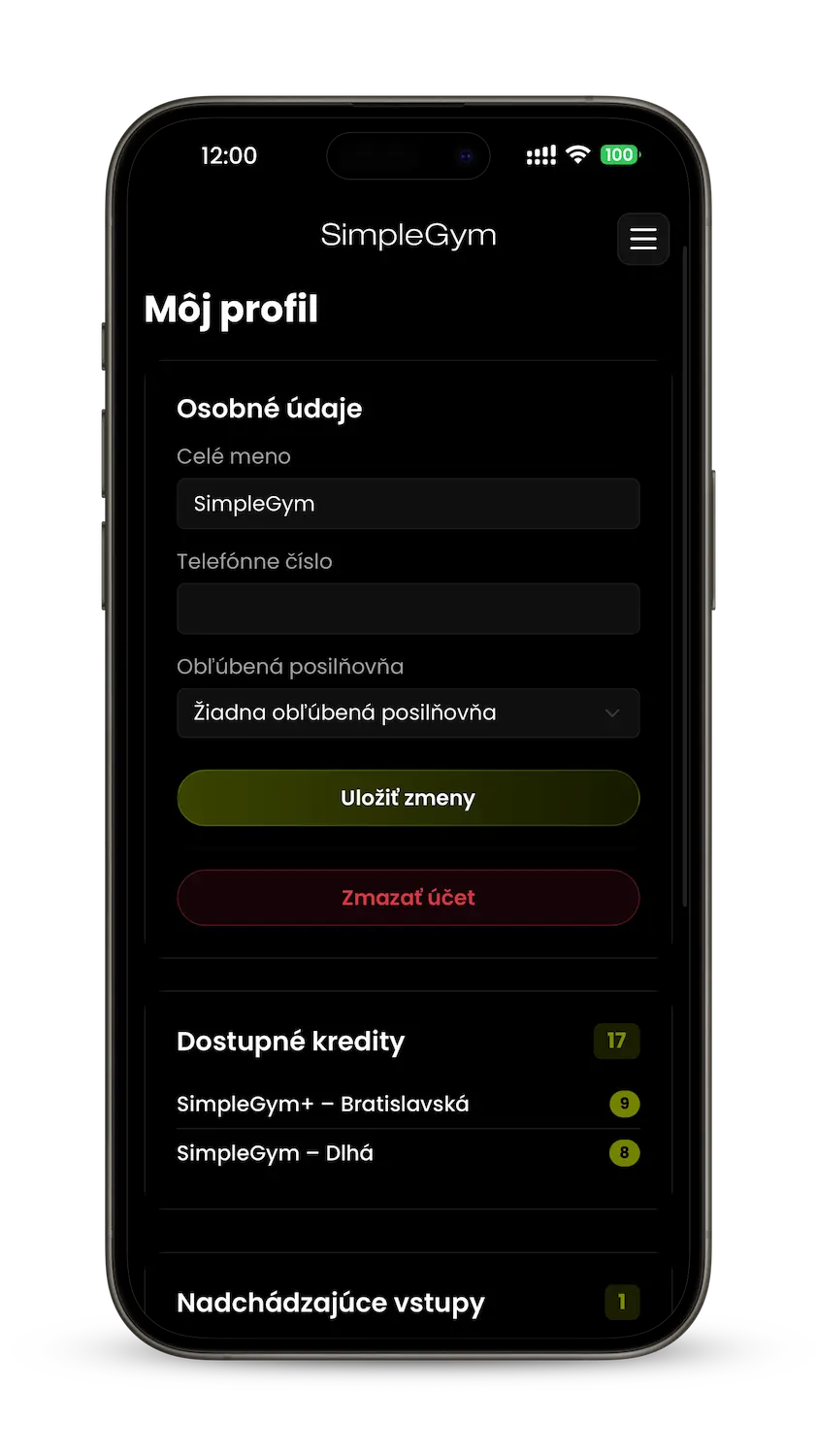 Profil SimpleGym s osobnými údajmi a prehľadom kreditov