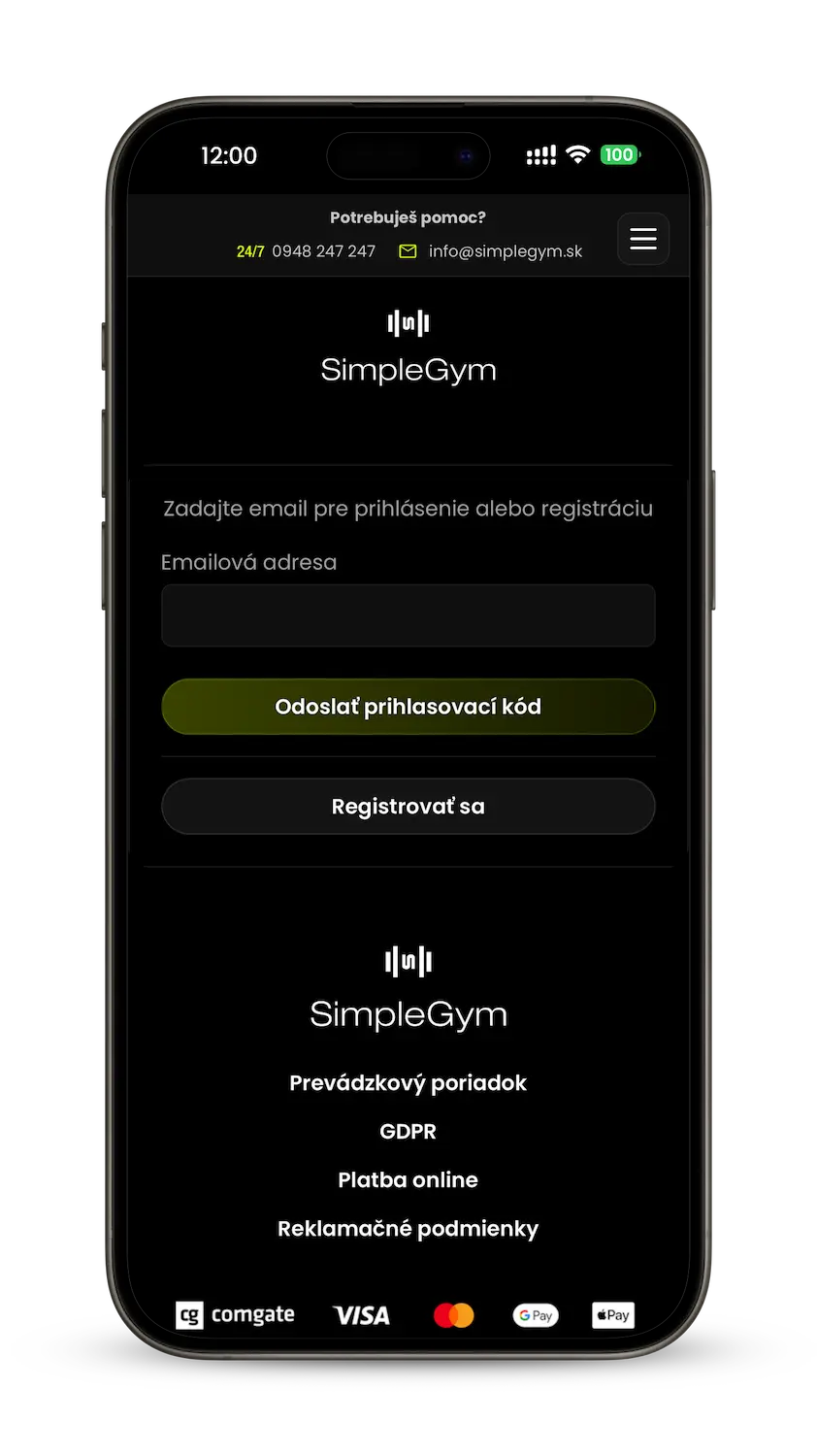 Prihlásenie alebo registrácia v aplikácii SimpleGym