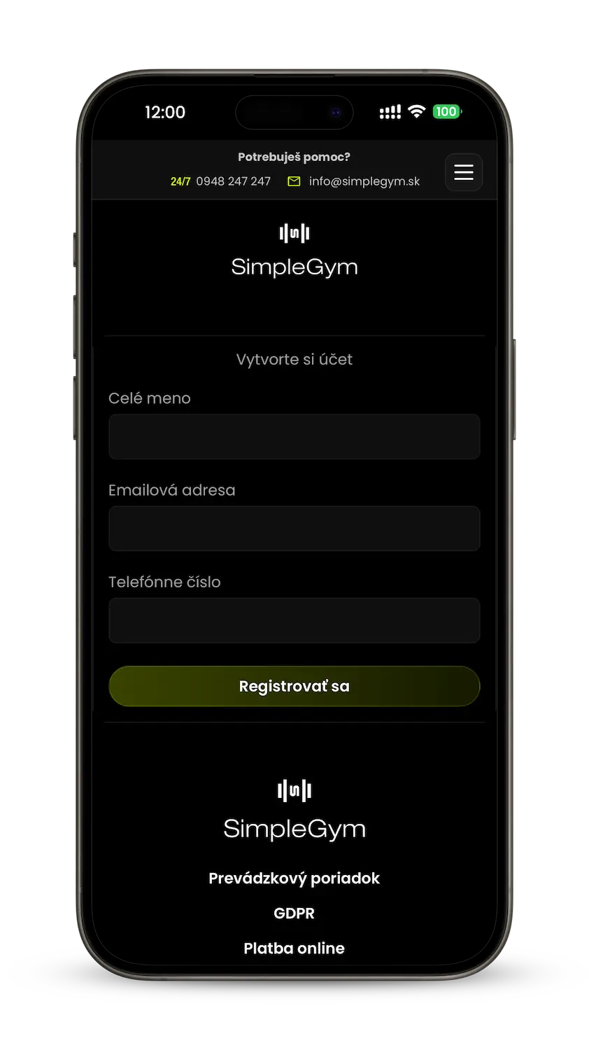 Formulár registrácie nového účtu SimpleGym