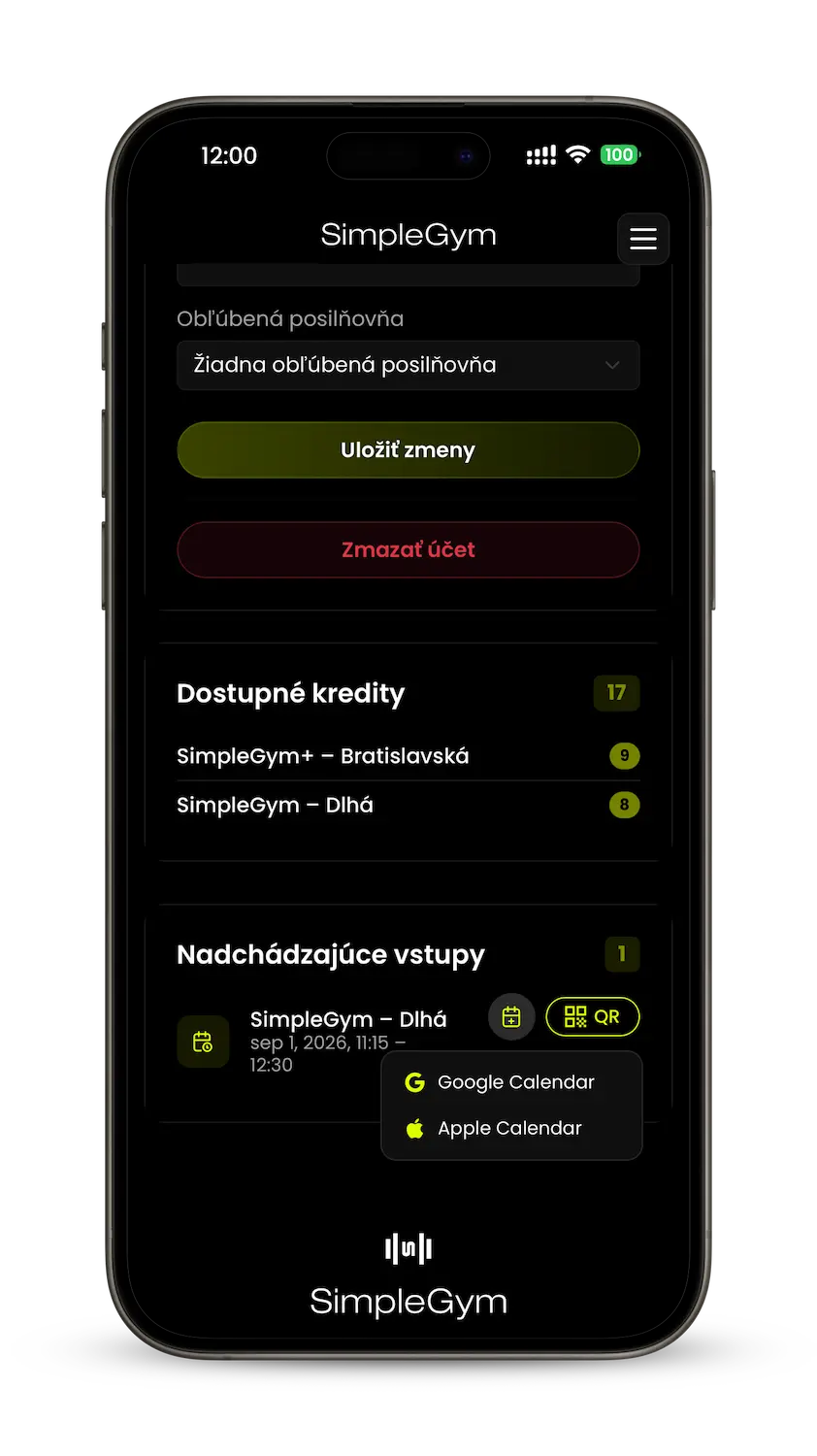 Výber Google alebo Apple kalendára pre rezerváciu SimpleGym