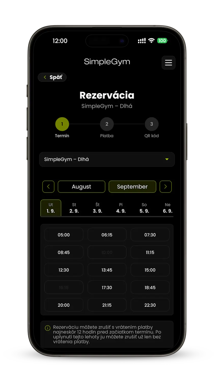 Kalendár s dostupnými termínmi rezervácie SimpleGym