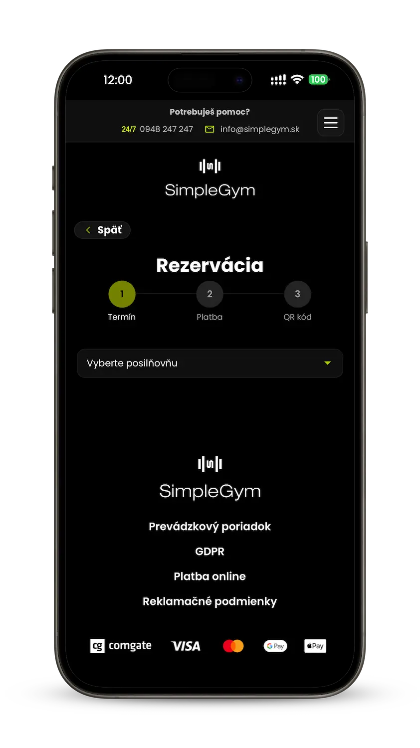 Výber pobočky pri rezervácii SimpleGym